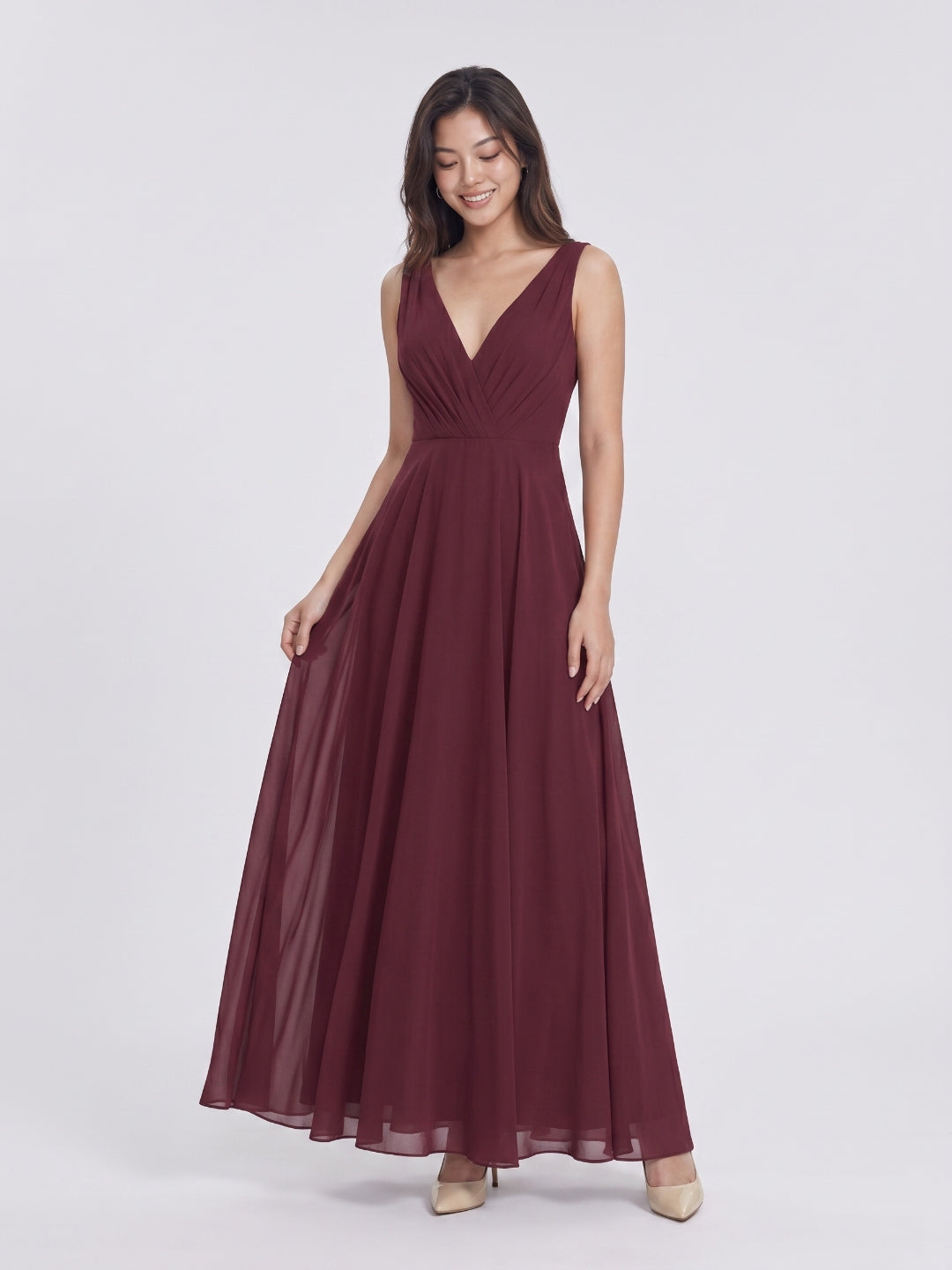 Cabernet Chiffon A-Line V-Neck V-Back Floor-Length Bridesmaid Dress with Pleating