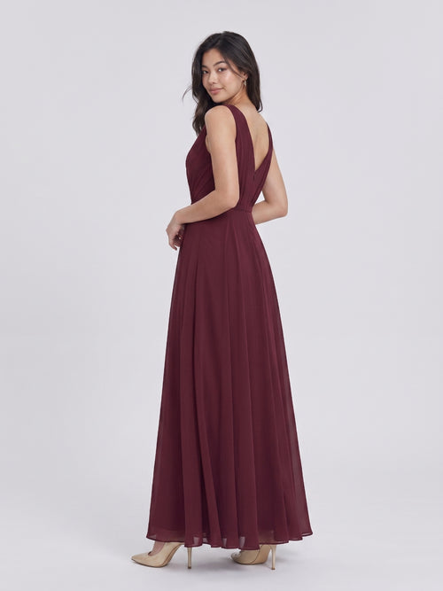 Cabernet Chiffon A-Line V-Neck V-Back Floor-Length Bridesmaid Dress with Pleating