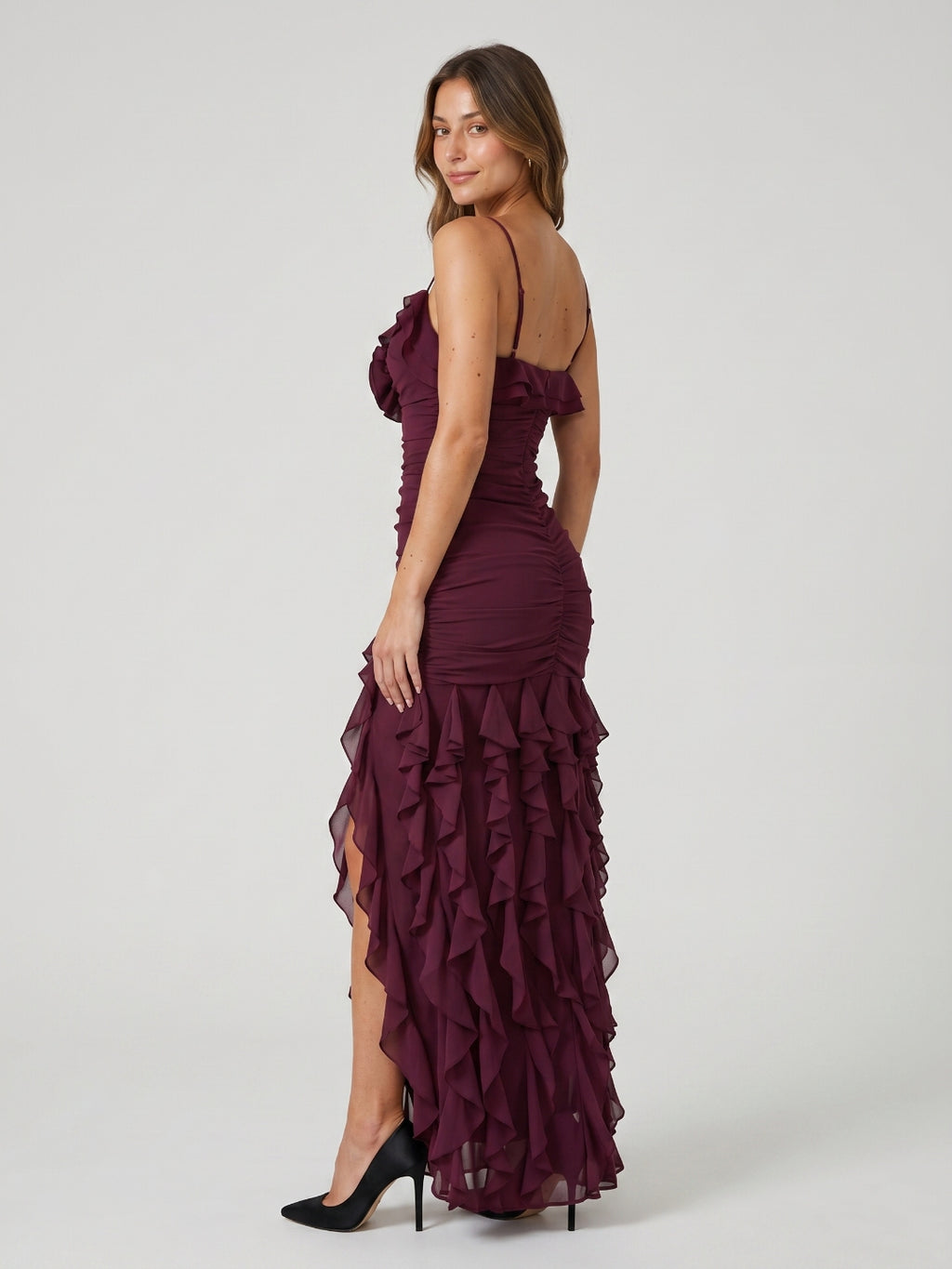 Cabernet Chiffon Sheath V-Neck Back Zip Asymmetrical Evening Party Dress