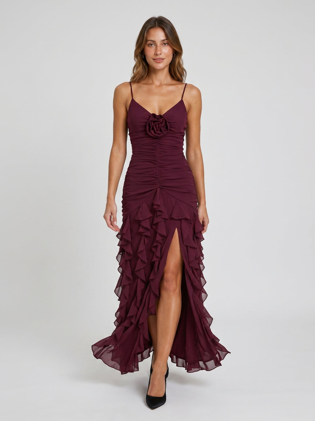 Cabernet Chiffon Sheath V-Neck Back Zip Asymmetrical Evening Party Dress