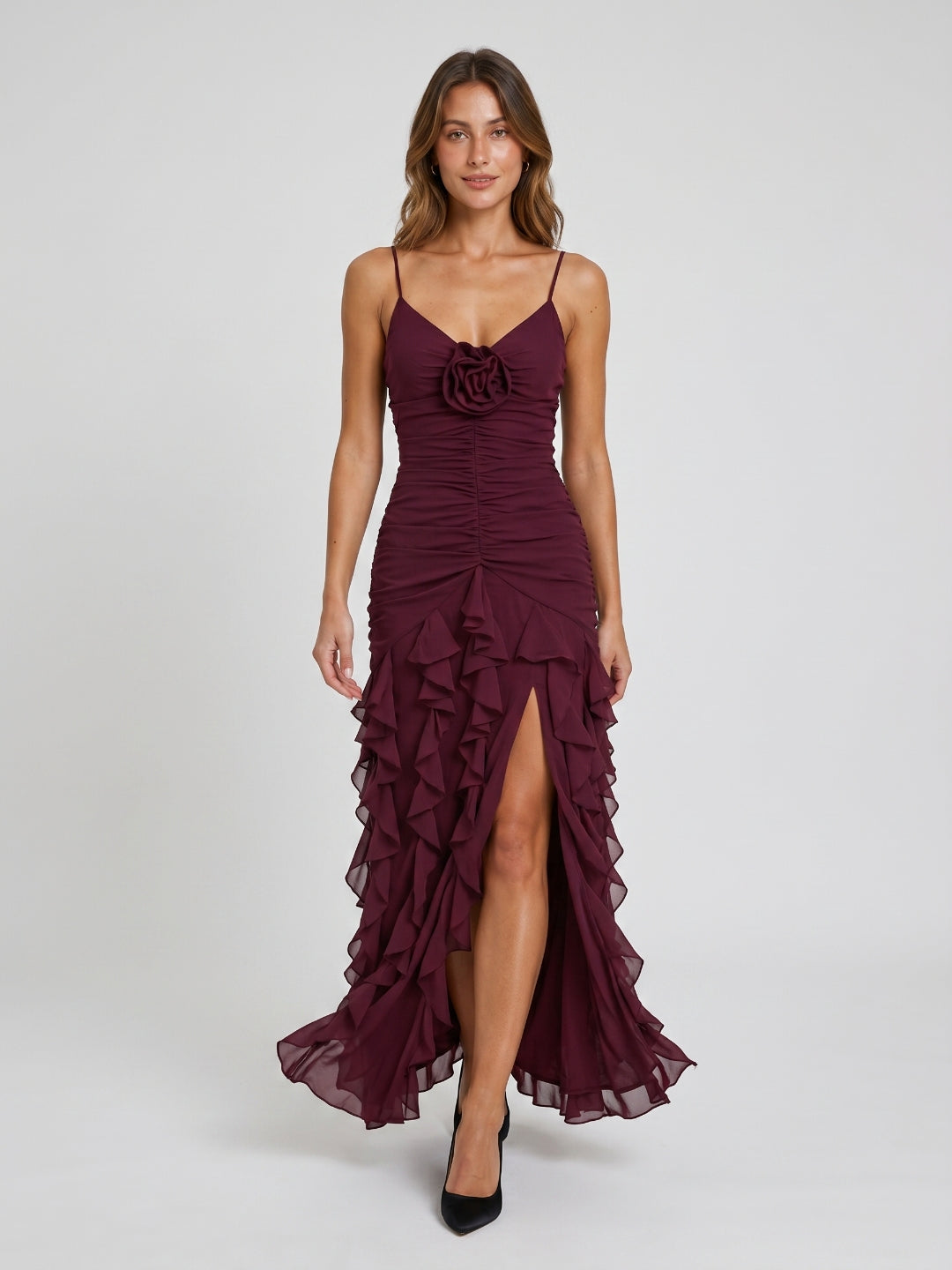 Cabernet Chiffon Sheath V-Neck Back Zip Asymmetrical Evening Party Dress