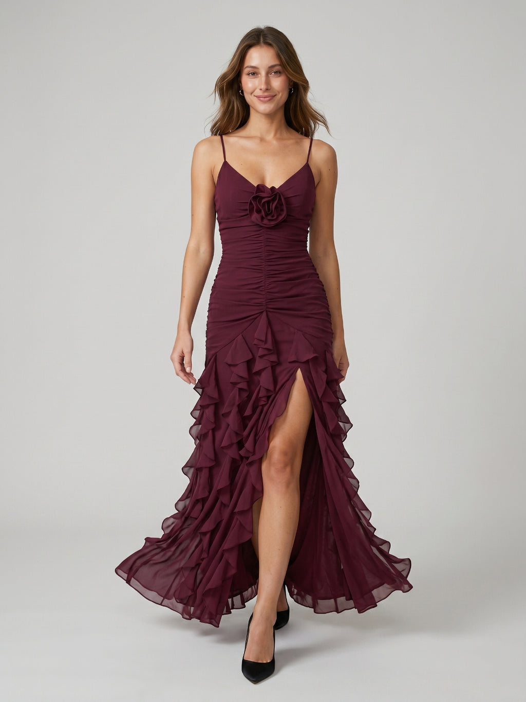Cabernet Chiffon Sheath V-Neck Back Zip Asymmetrical Evening Party Dress