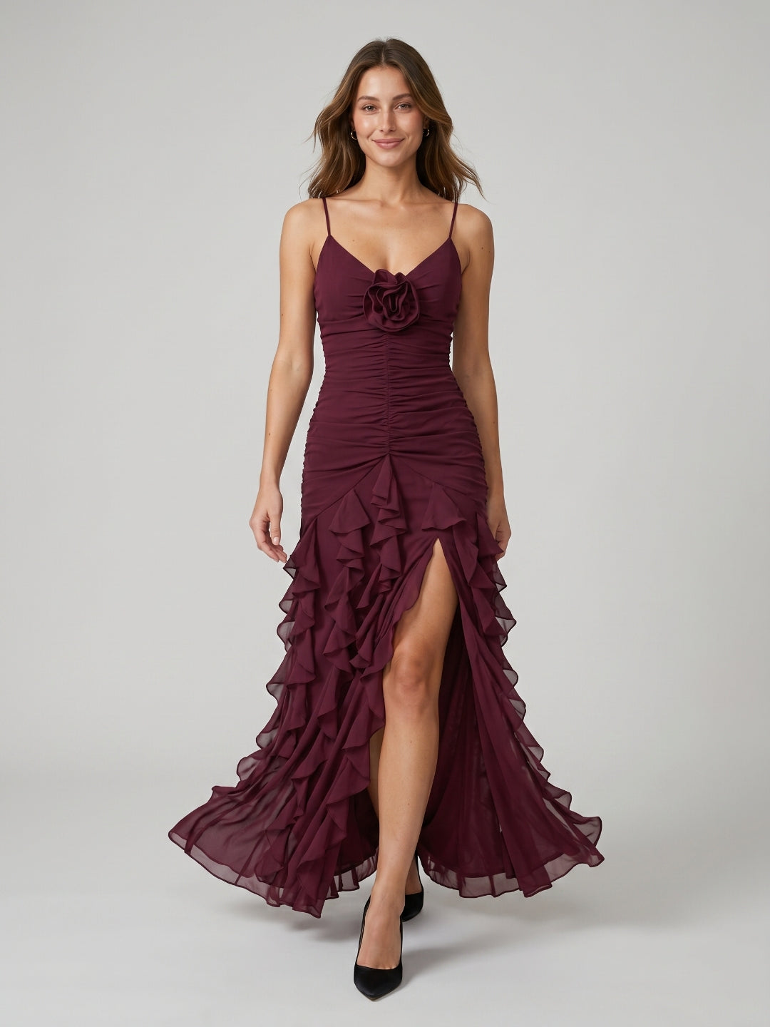 Cabernet Chiffon Sheath V-Neck Back Zip Asymmetrical Evening Party Dress