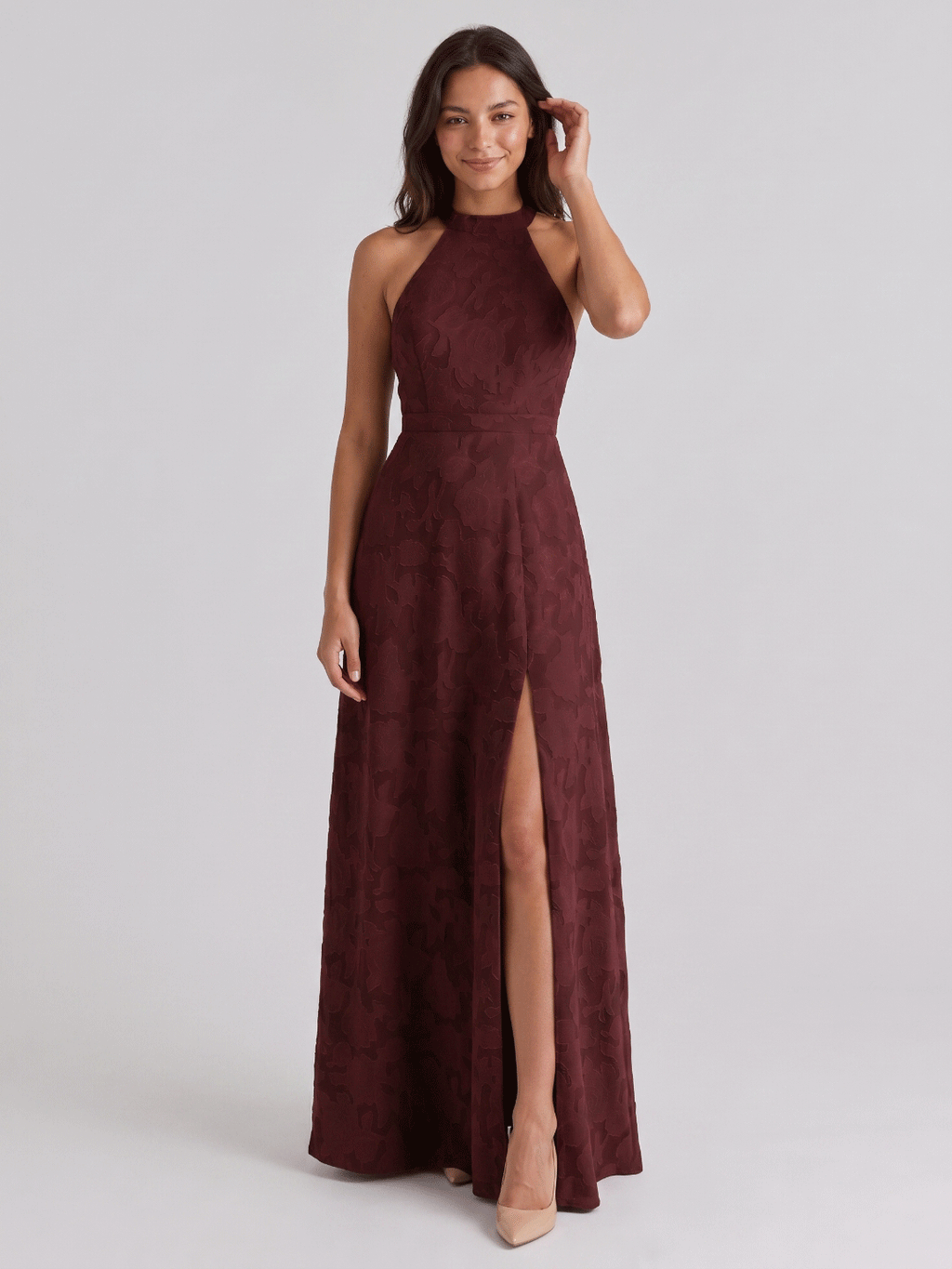 Cabernet Jacquard A-Line Halter Neckline Criss-Cross Straps Floor-Length Bridesmaid Dress