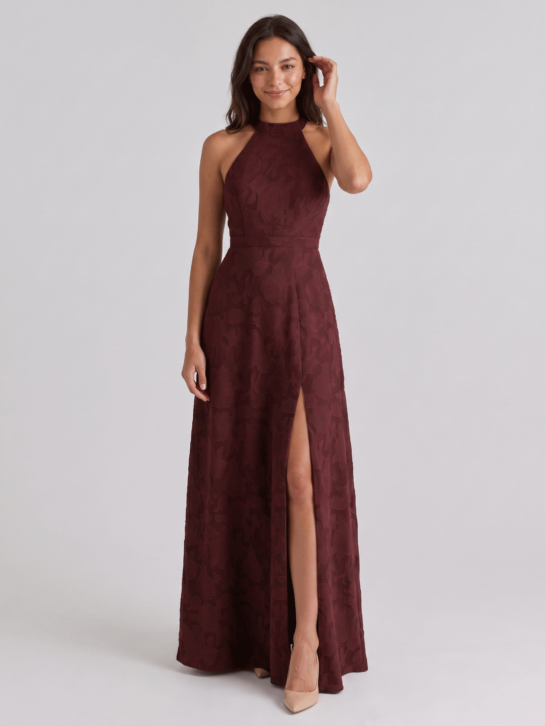 Cabernet Jacquard A-Line Halter Neckline Criss-Cross Straps Floor-Length Bridesmaid Dress