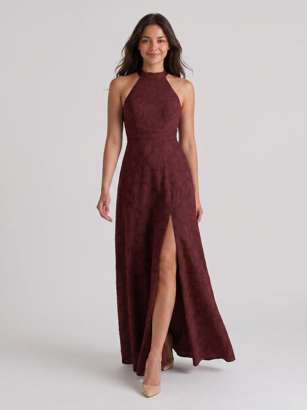 Cabernet Jacquard A-Line Halter Neckline Criss-Cross Straps Floor-Length Bridesmaid Dress