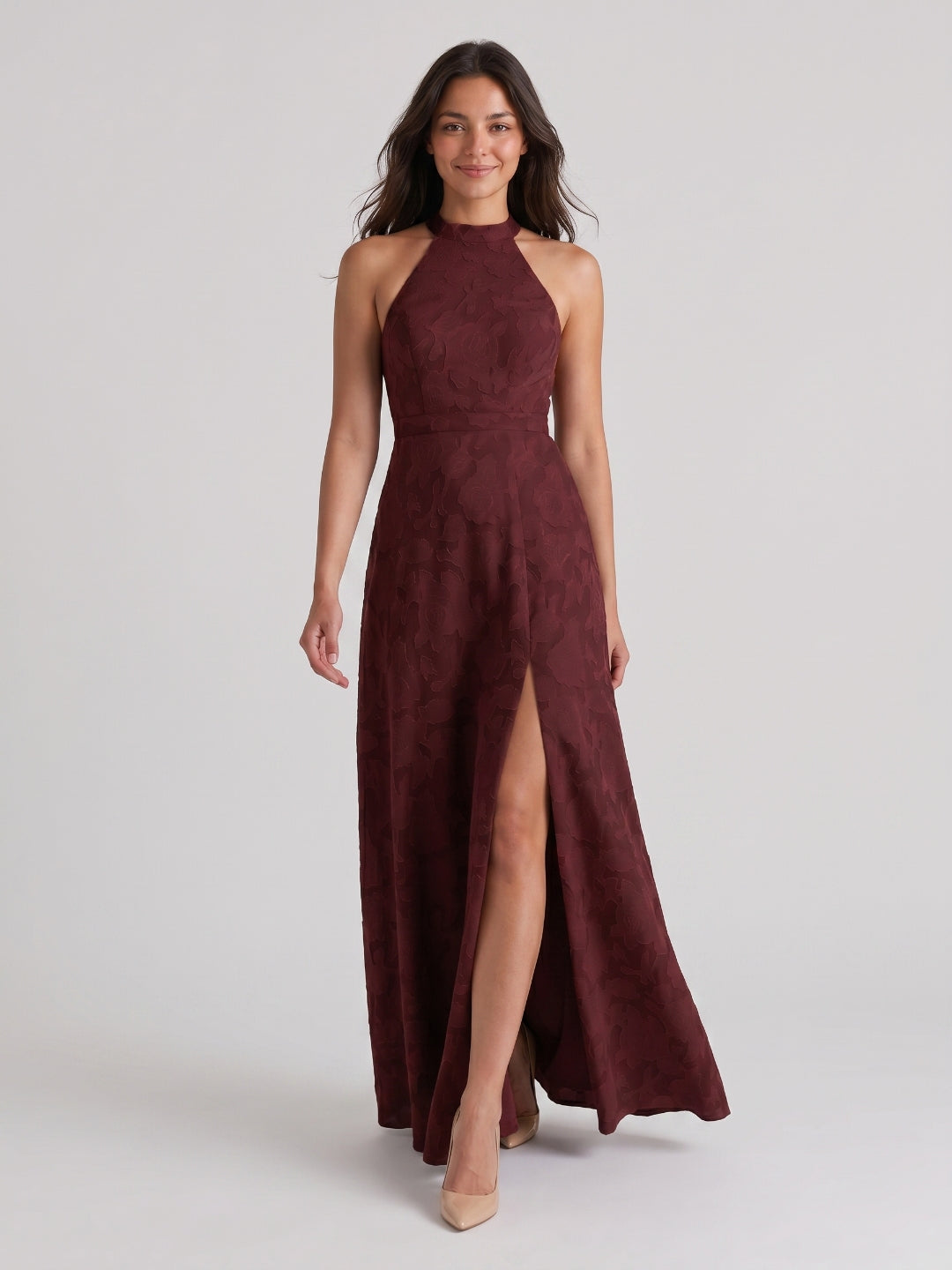 Cabernet Jacquard A-Line Halter Neckline Criss-Cross Straps Floor-Length Bridesmaid Dress