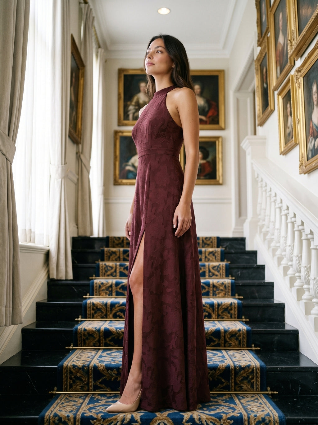 Cabernet Jacquard A-Line Halter Neckline Criss-Cross Straps Floor-Length Bridesmaid Dress