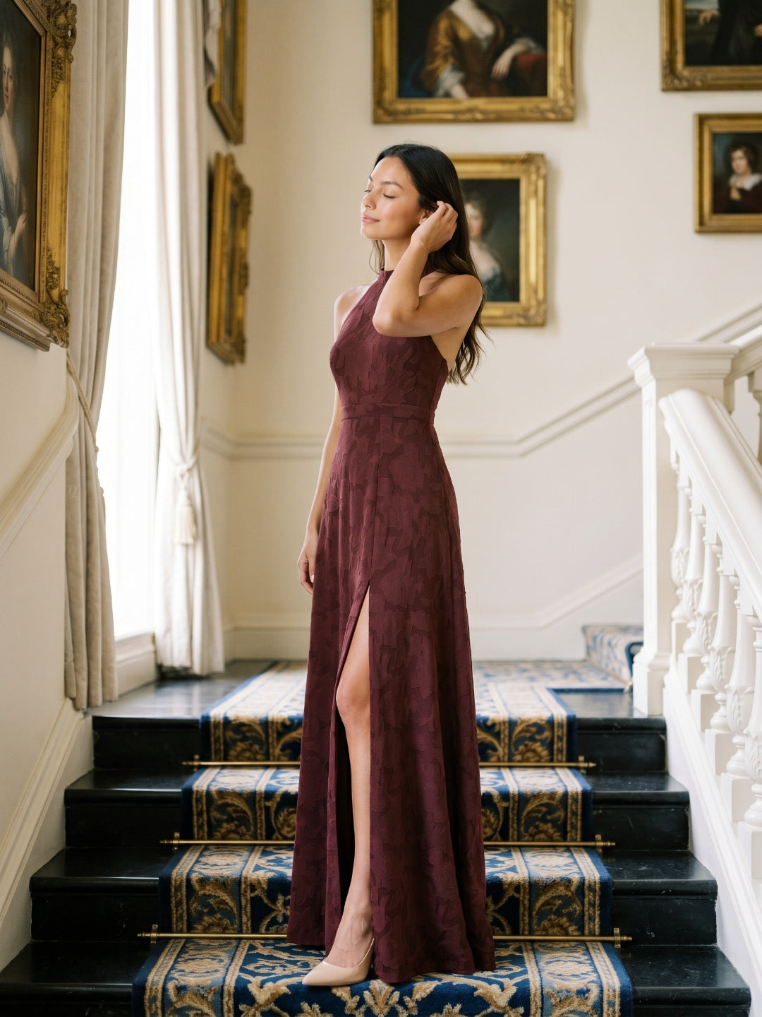 Cabernet Jacquard A-Line Halter Neckline Criss-Cross Straps Floor-Length Bridesmaid Dress