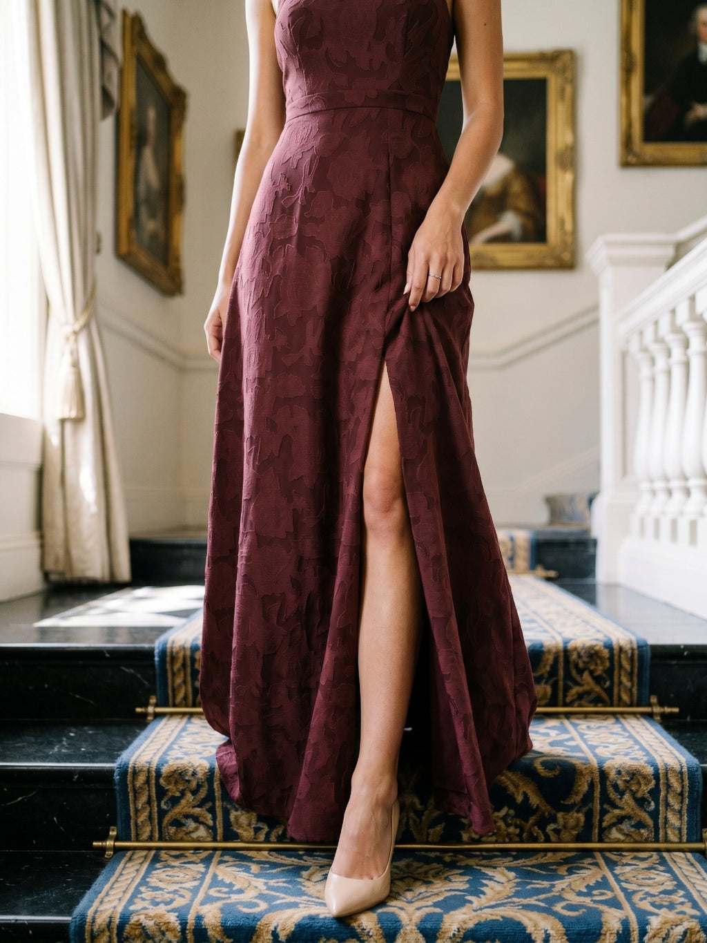 Cabernet Jacquard A-Line Halter Neckline Criss-Cross Straps Floor-Length Bridesmaid Dress