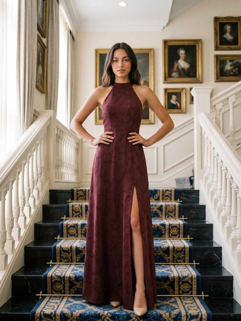 Cabernet Jacquard A-Line Halter Neckline Criss-Cross Straps Floor-Length Bridesmaid Dress
