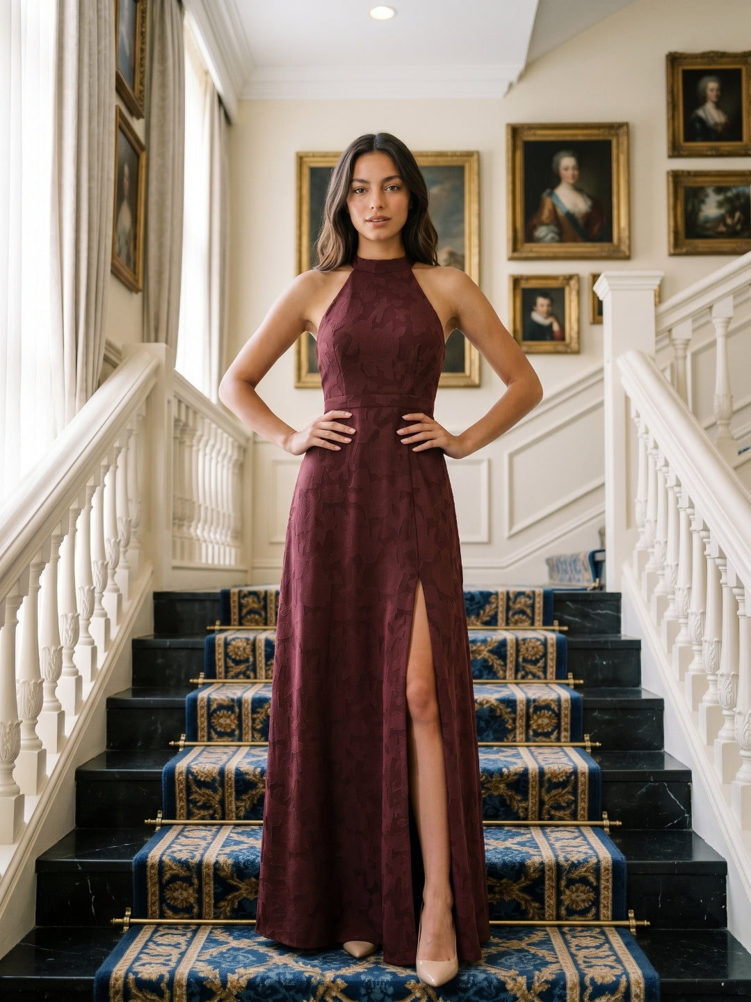 Cabernet Jacquard A-Line Halter Neckline Criss-Cross Straps Floor-Length Bridesmaid Dress