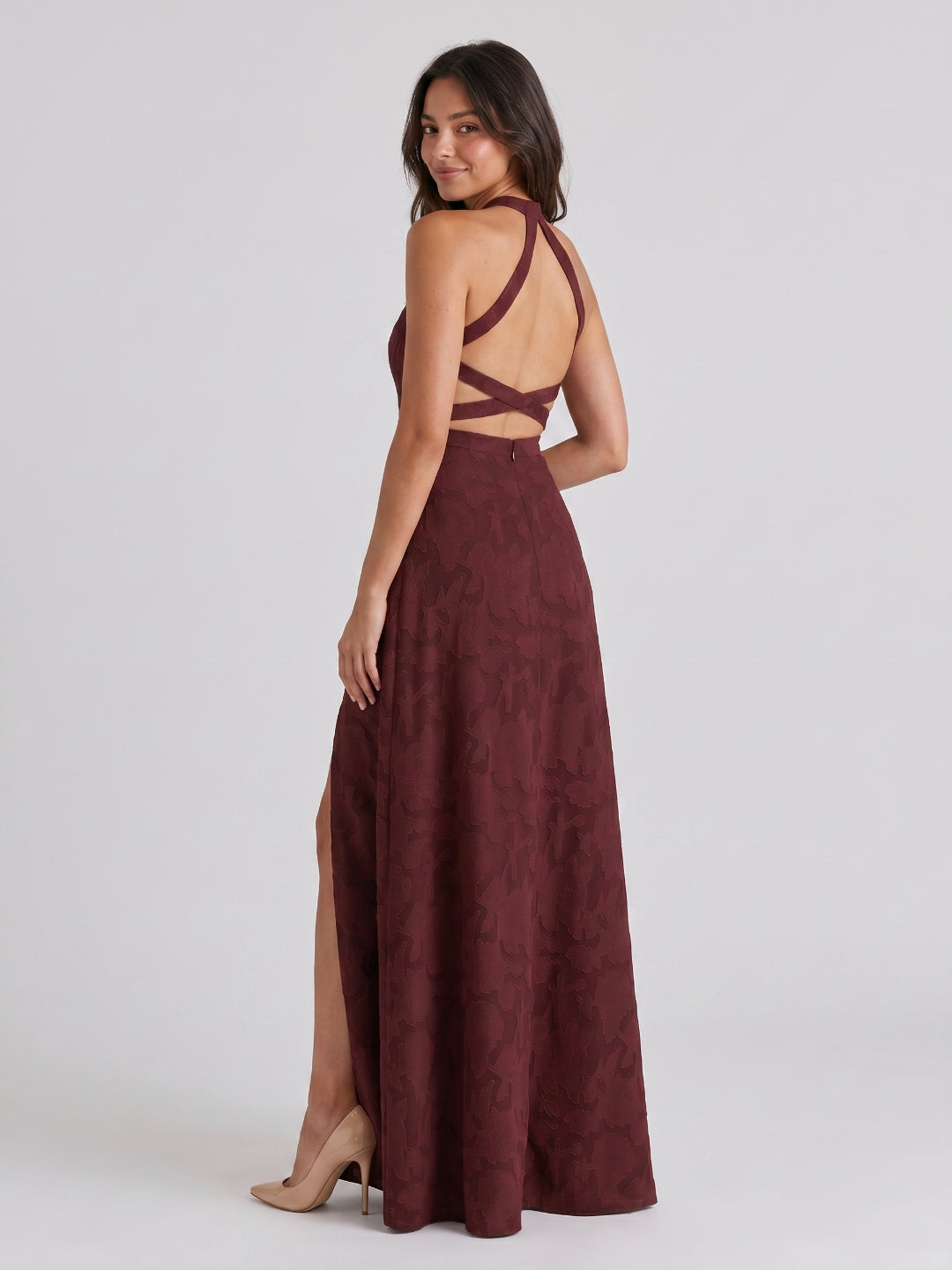 Cabernet Jacquard A-Line Halter Neckline Criss-Cross Straps Floor-Length Bridesmaid Dress