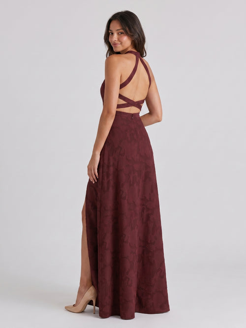 Cabernet Jacquard A-Line Halter Neckline Criss-Cross Straps Floor-Length Bridesmaid Dress
