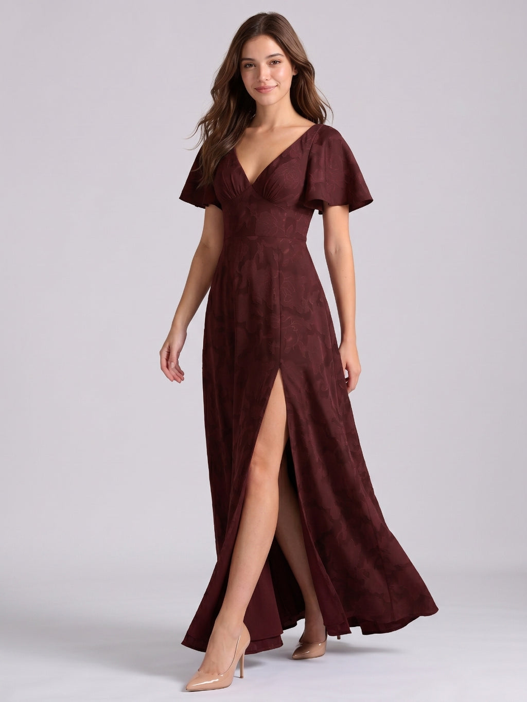 Cabernet Jacquard A-Line V-Neck Bow Back Floor-Length Bridesmaid Dress with Pockets