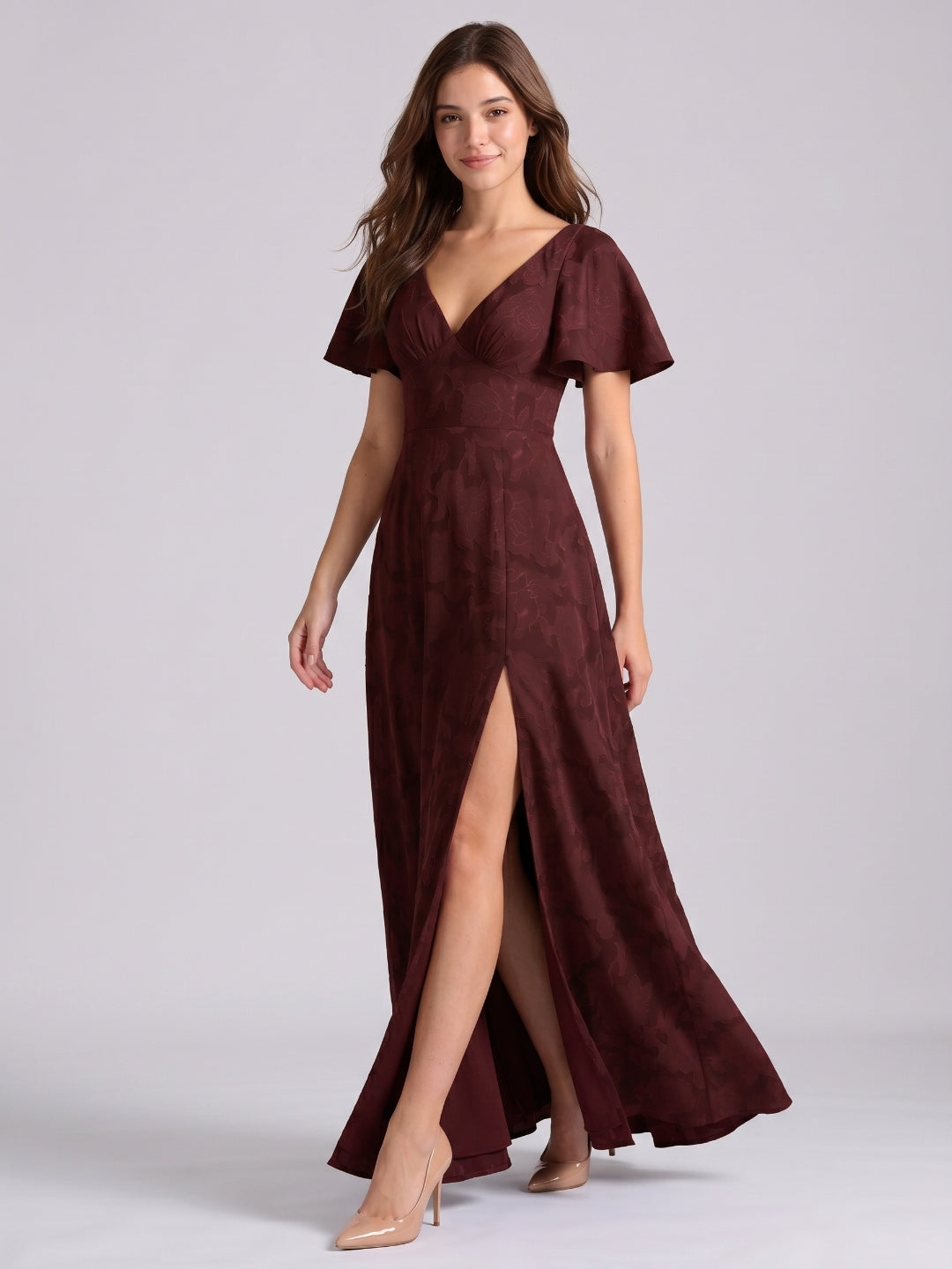 Cabernet Jacquard A-Line V-Neck Bow Back Floor-Length Bridesmaid Dress with Pockets