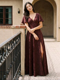 Cabernet Jacquard A-Line V-Neck Bow Back Floor-Length Bridesmaid Dress with Pockets