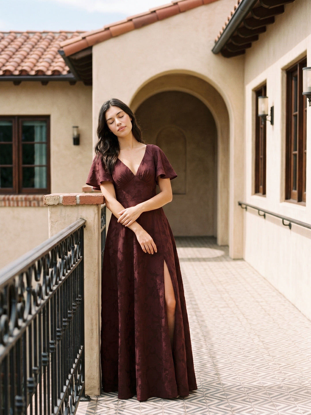 Cabernet Jacquard A-Line V-Neck Bow Back Floor-Length Bridesmaid Dress with Pockets
