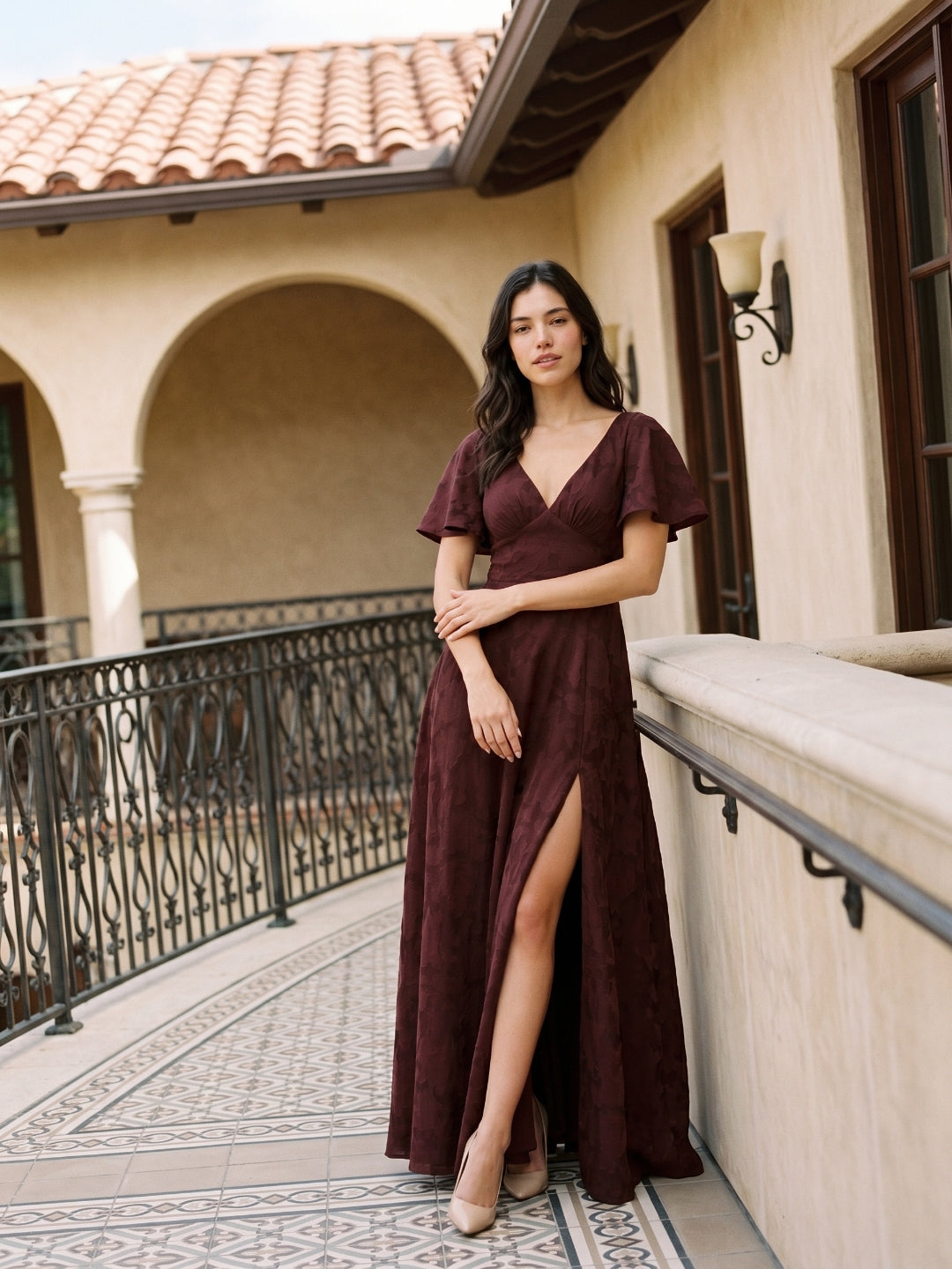 Cabernet Jacquard A-Line V-Neck Bow Back Floor-Length Bridesmaid Dress with Pockets
