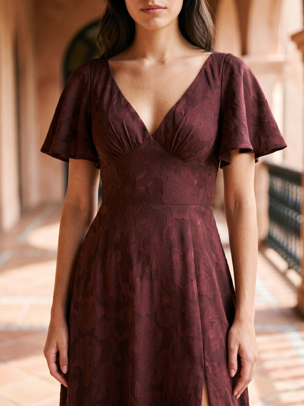Cabernet Jacquard A-Line V-Neck Bow Back Floor-Length Bridesmaid Dress with Pockets