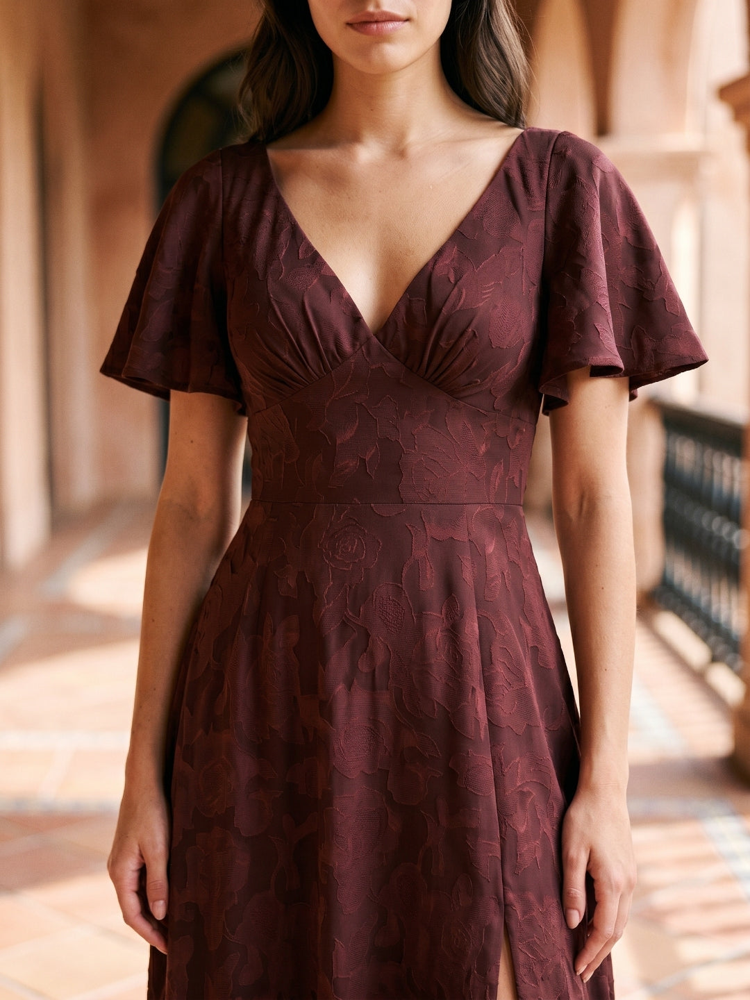 Cabernet Jacquard A-Line V-Neck Bow Back Floor-Length Bridesmaid Dress with Pockets