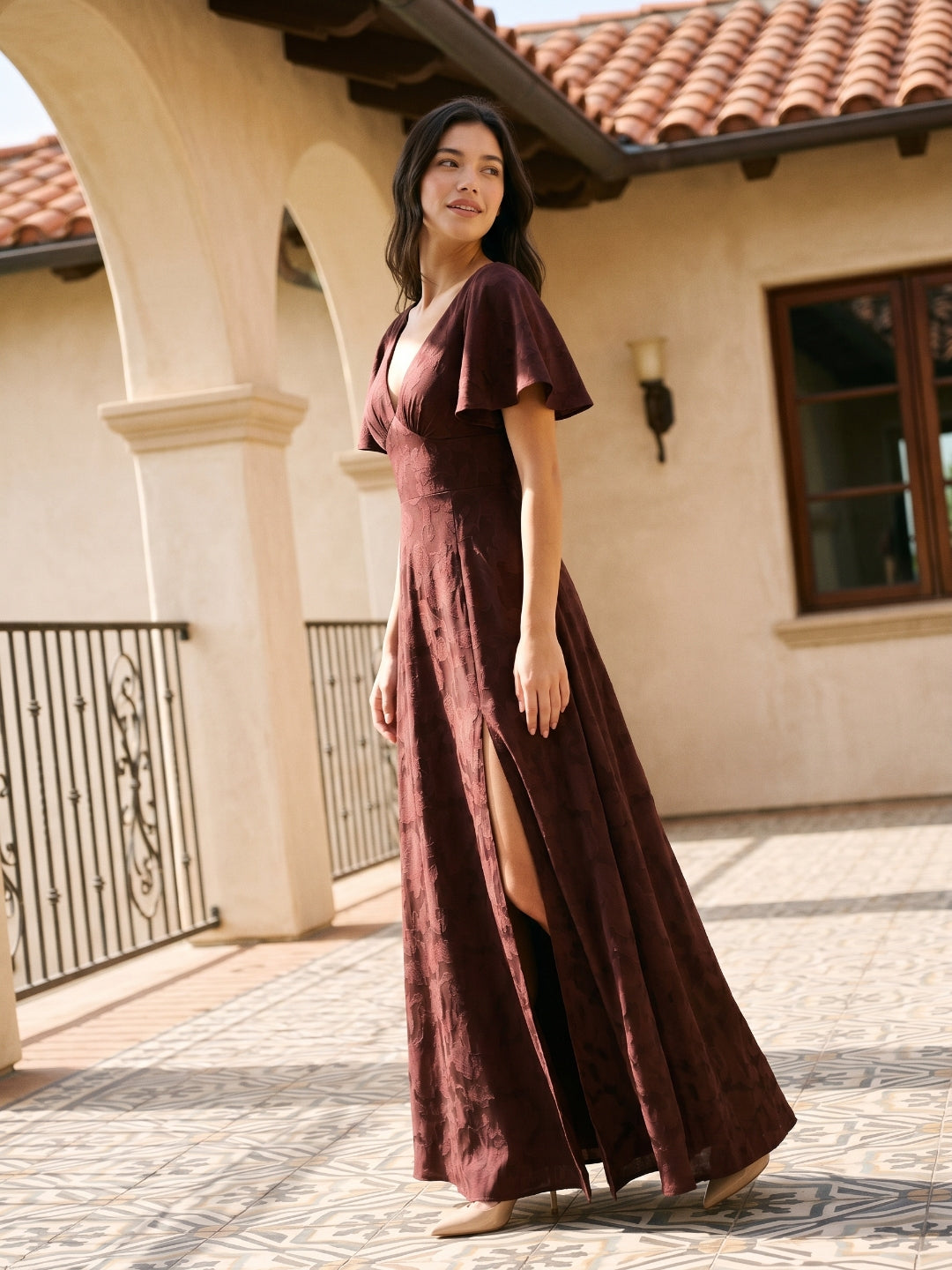 Cabernet Jacquard A-Line V-Neck Bow Back Floor-Length Bridesmaid Dress with Pockets