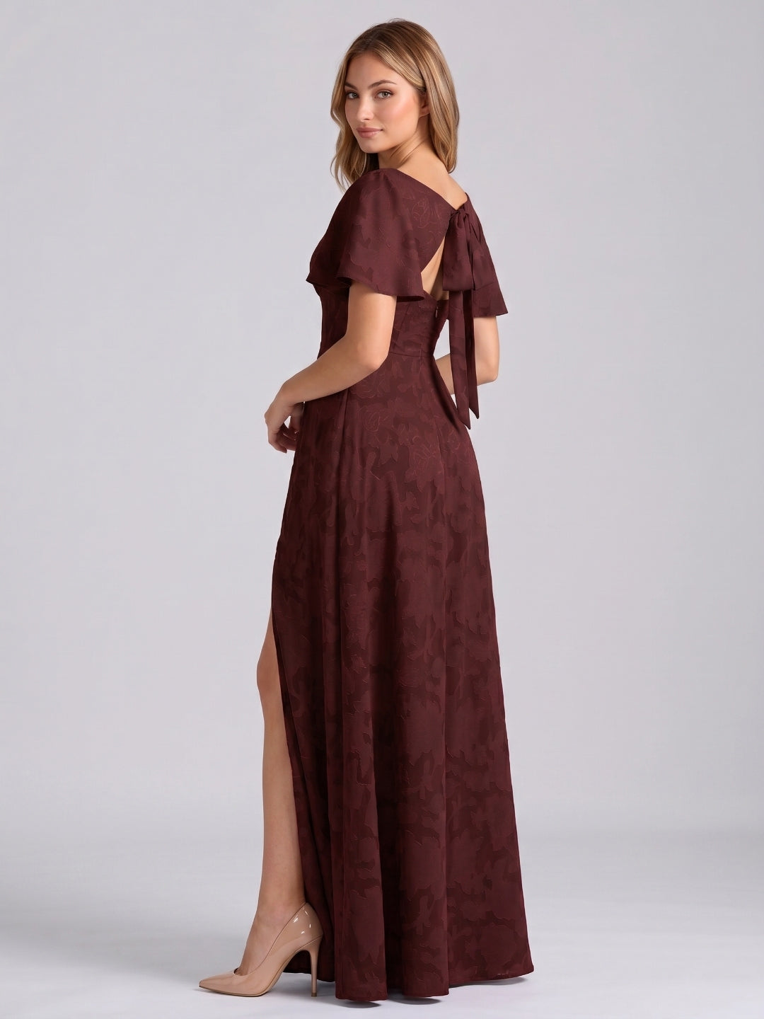 Cabernet Jacquard A-Line V-Neck Bow Back Floor-Length Bridesmaid Dress with Pockets
