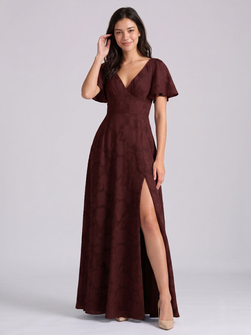 Cabernet Jacquard A-Line V-Neck Bow Back Floor-Length Bridesmaid Dress with Pockets