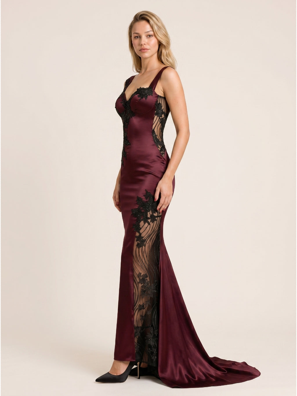 Cabernet Lace Mermaid V-Neck Backless Floor-Length Prom Dress with Beading