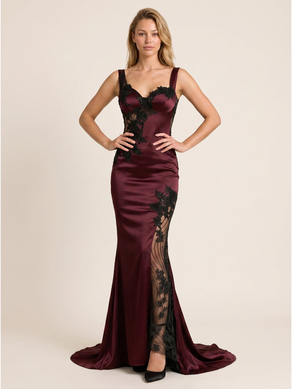 Cabernet Lace Mermaid V-Neck Backless Floor-Length Prom Dress with Beading