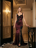 Cabernet Lace Mermaid V-Neck Backless Floor-Length Prom Dress with Beading