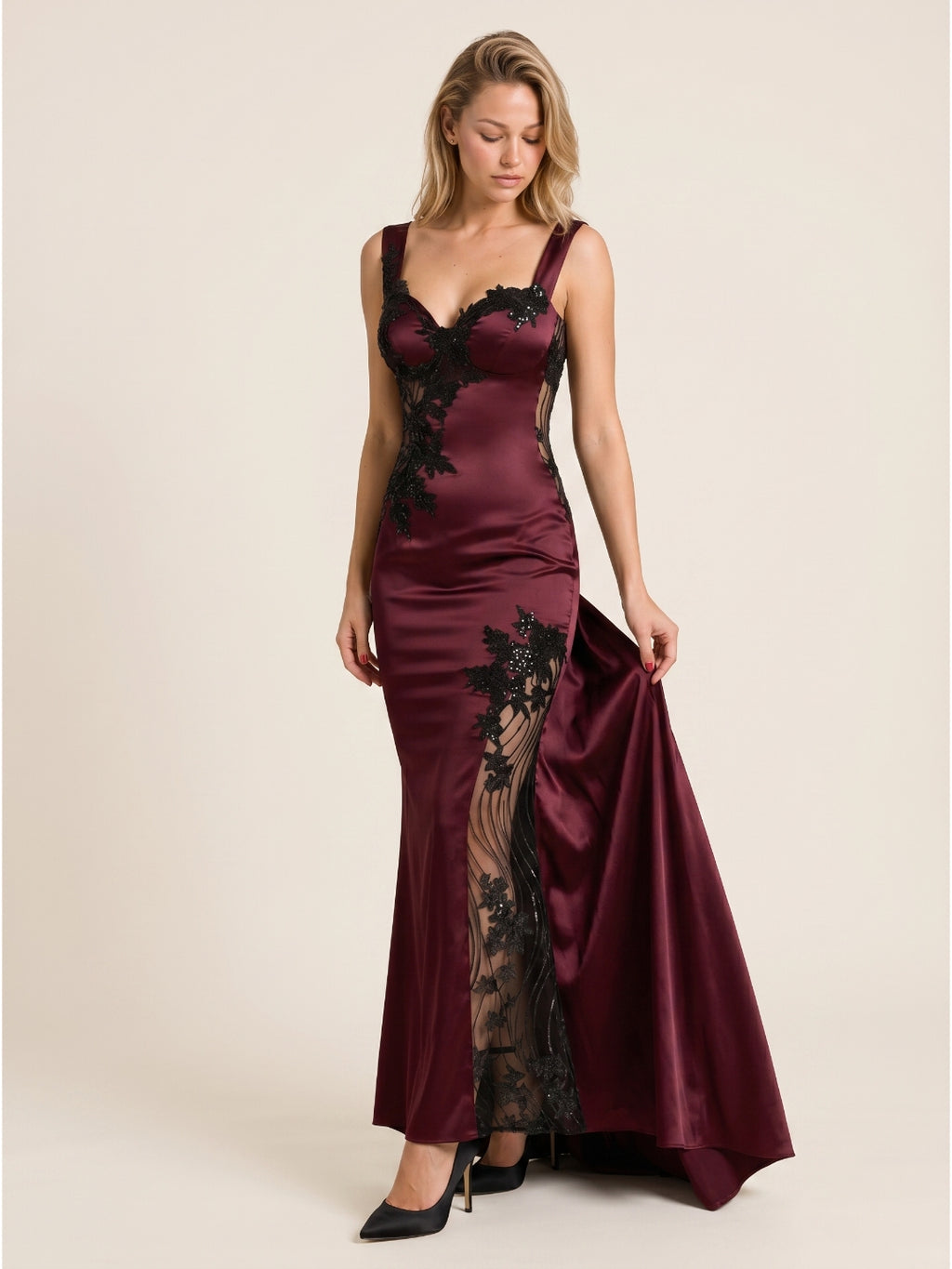 Cabernet Lace Mermaid V-Neck Backless Floor-Length Prom Dress with Beading