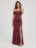 Cabernet Matte Satin A-Line Off-the-Shoulder Back Zip Floor-Length Bridesmaid Dress with Pleating