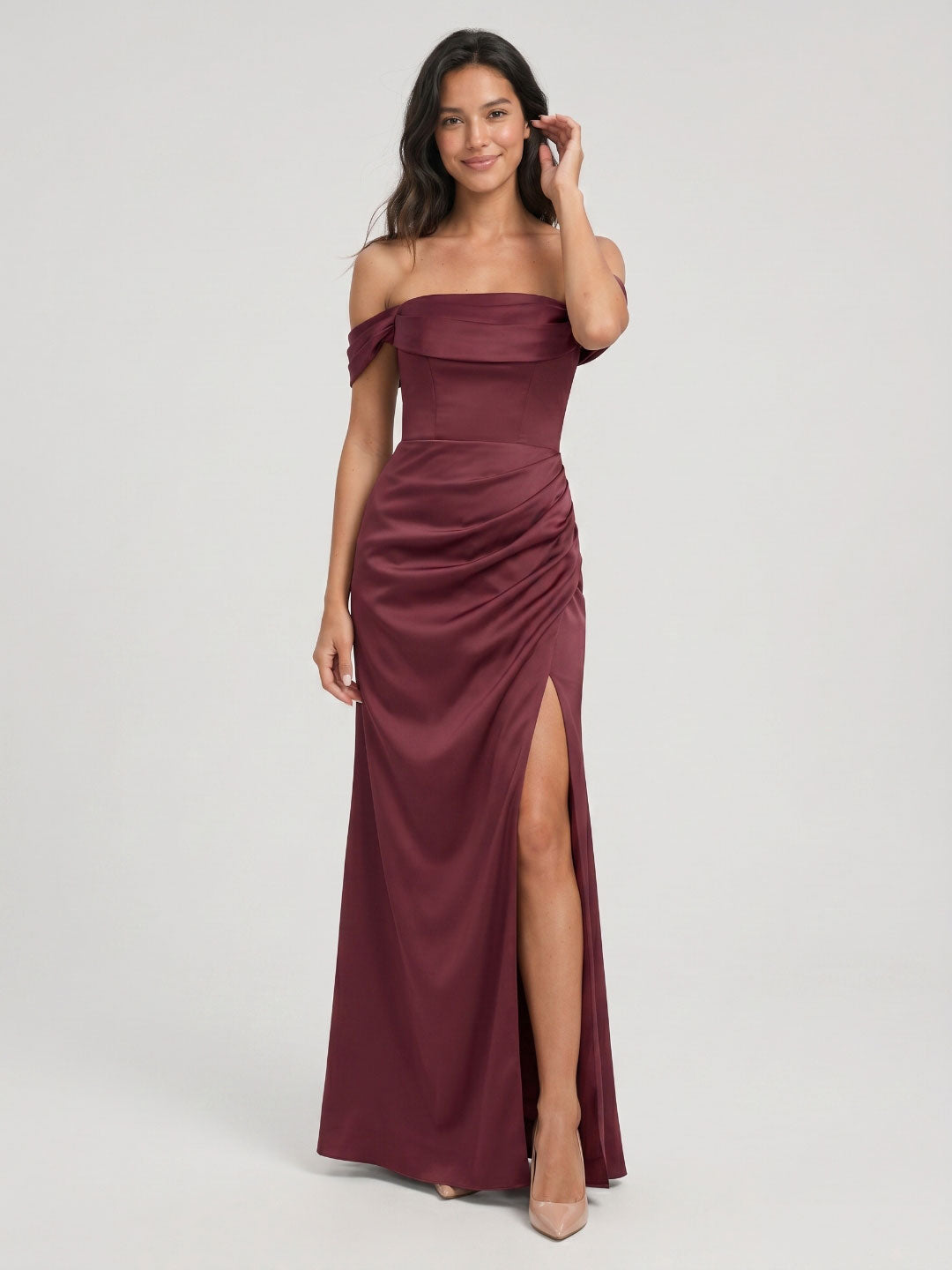 Cabernet Matte Satin A-Line Off-the-Shoulder Back Zip Floor-Length Bridesmaid Dress with Pleating