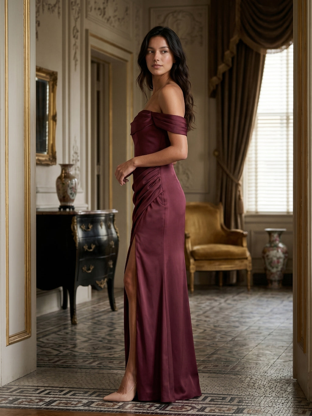 Cabernet Matte Satin A-Line Off-the-Shoulder Back Zip Floor-Length Bridesmaid Dress with Pleating