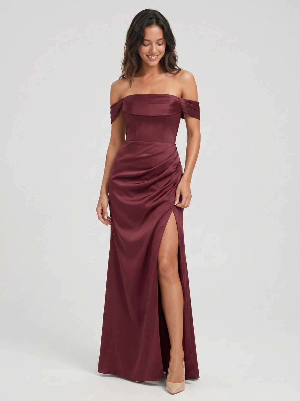 Cabernet Matte Satin A-Line Off-the-Shoulder Back Zip Floor-Length Bridesmaid Dress with Pleating