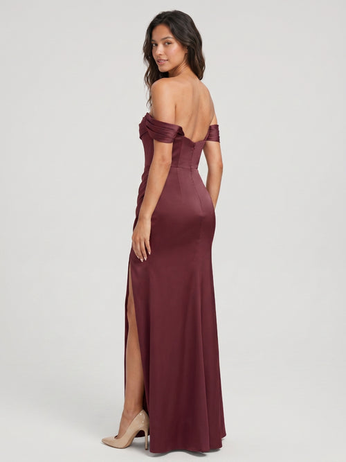 Cabernet Matte Satin A-Line Off-the-Shoulder Back Zip Floor-Length Bridesmaid Dress with Pleating