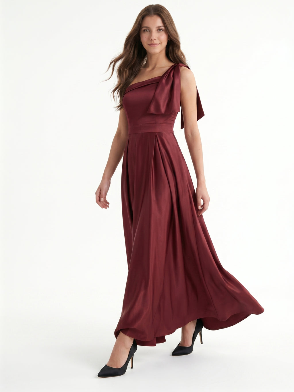 Cabernet  Satin A-Line One Shoulder Backless Floor-Length Bridesmaid Dress