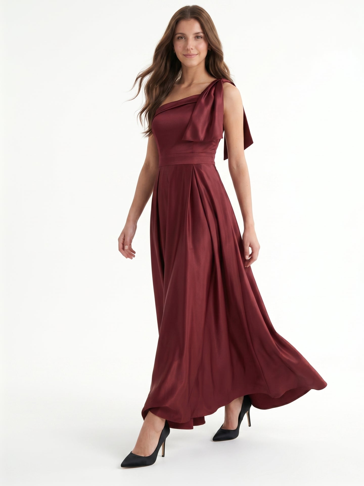 Cabernet  Satin A-Line One Shoulder Backless Floor-Length Bridesmaid Dress