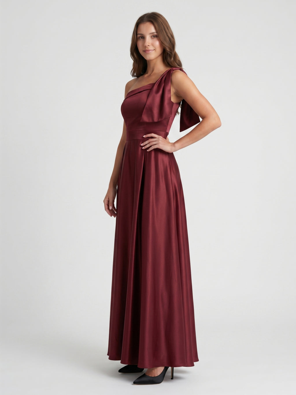 Cabernet  Satin A-Line One Shoulder Backless Floor-Length Bridesmaid Dress