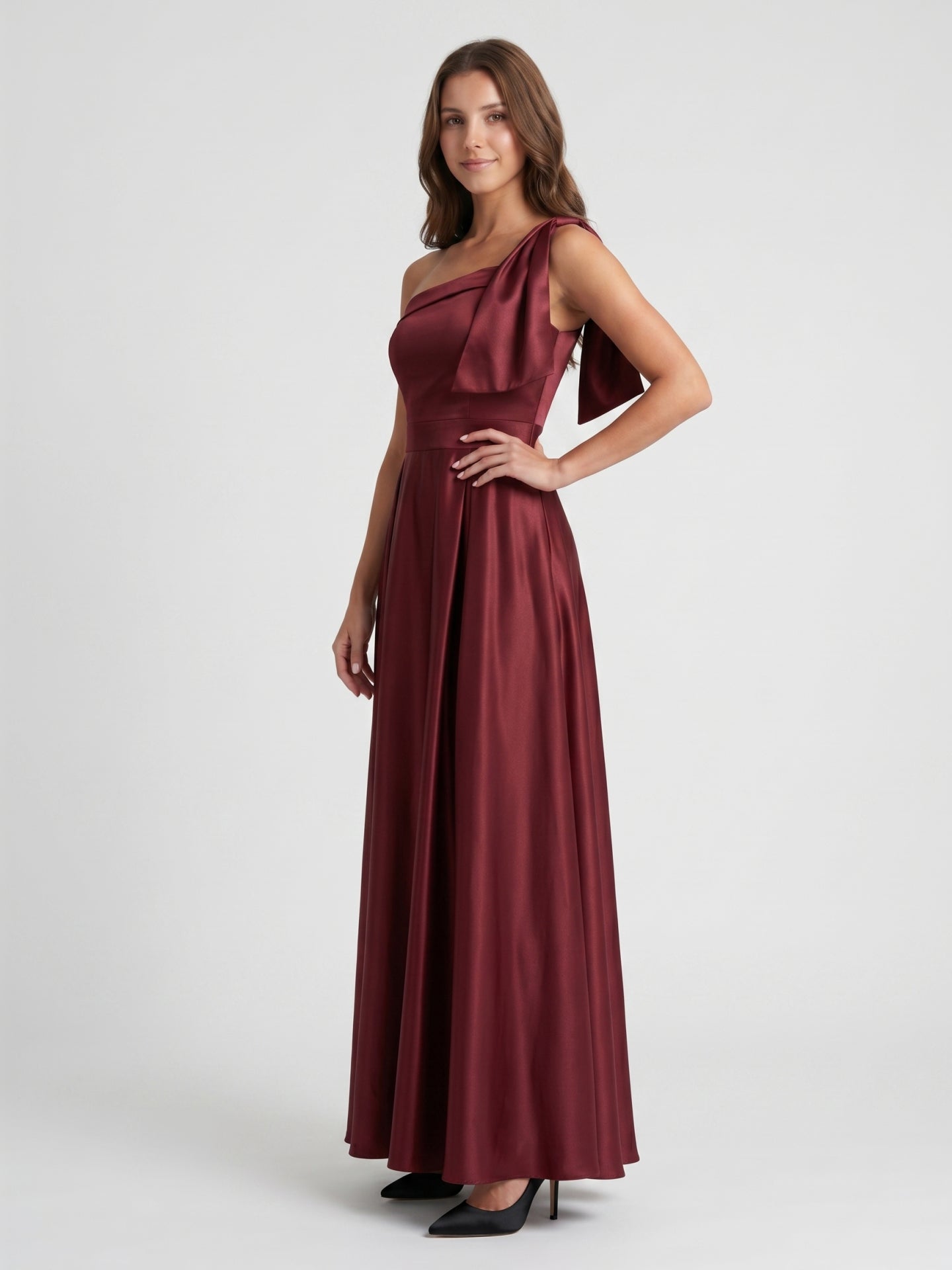 Cabernet  Satin A-Line One Shoulder Backless Floor-Length Bridesmaid Dress