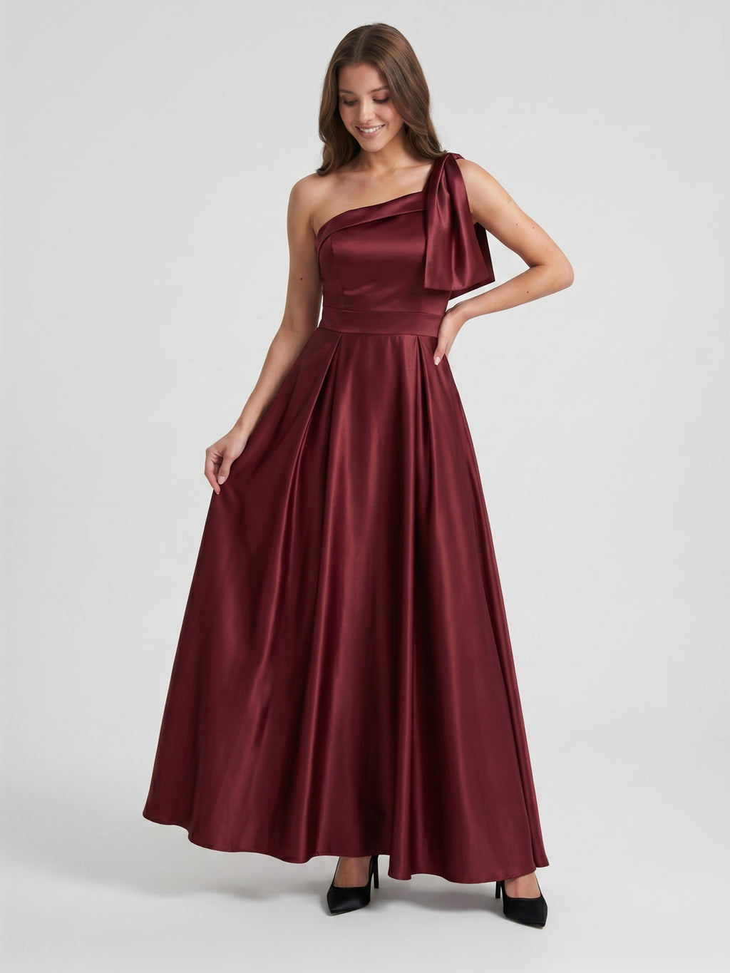 Cabernet  Satin A-Line One Shoulder Backless Floor-Length Bridesmaid Dress