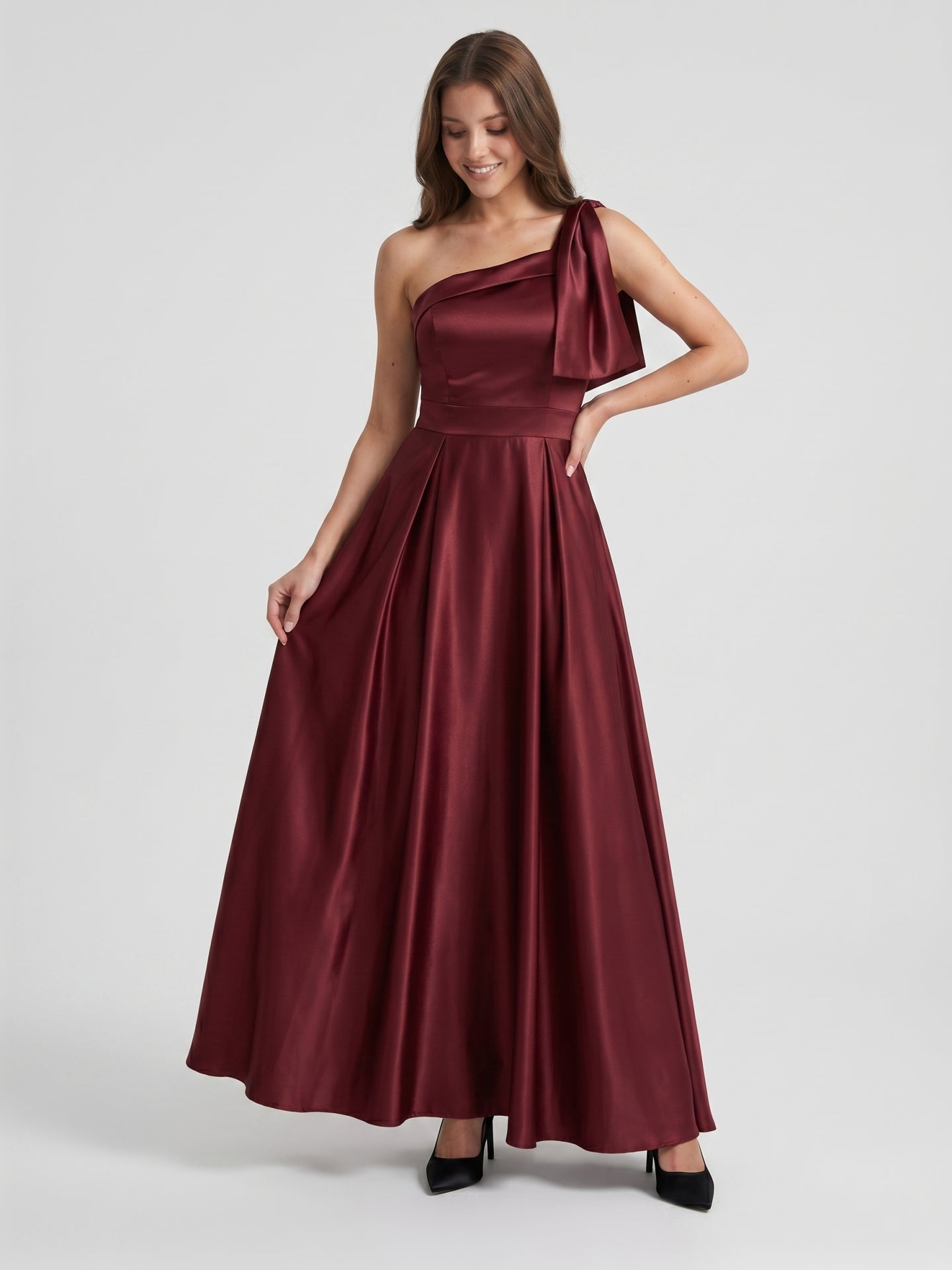 Cabernet  Satin A-Line One Shoulder Backless Floor-Length Bridesmaid Dress