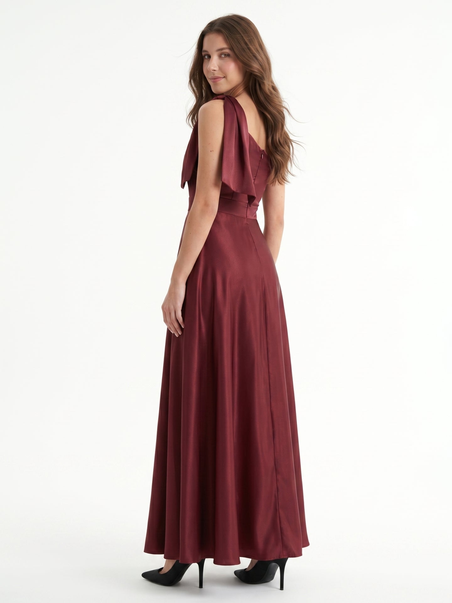 Cabernet  Satin A-Line One Shoulder Backless Floor-Length Bridesmaid Dress