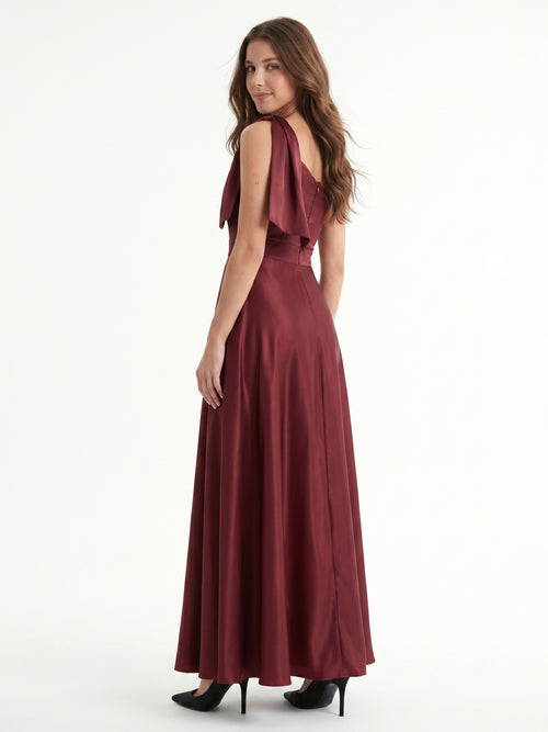 Cabernet  Satin A-Line One Shoulder Backless Floor-Length Bridesmaid Dress