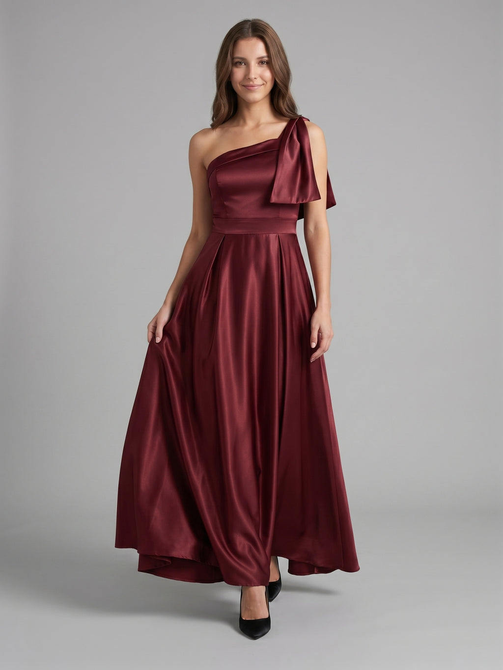 Cabernet  Satin A-Line One Shoulder Backless Floor-Length Bridesmaid Dress