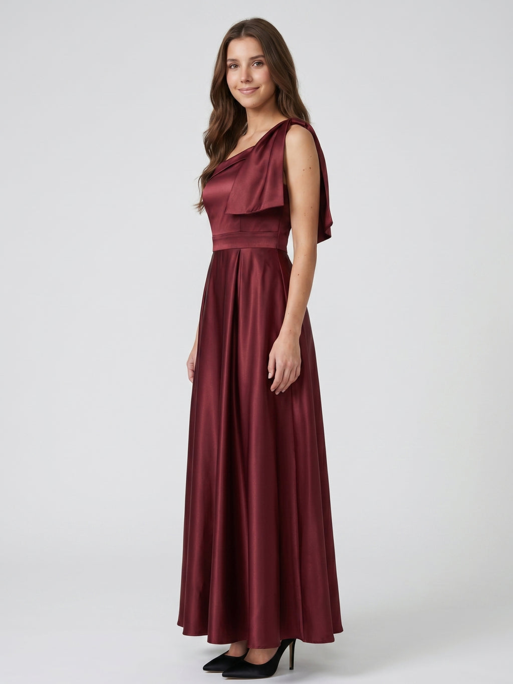 Cabernet  Satin A-Line One Shoulder Backless Floor-Length Bridesmaid Dress
