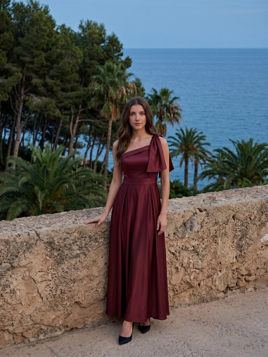 Cabernet  Satin A-Line One Shoulder Backless Floor-Length Bridesmaid Dress
