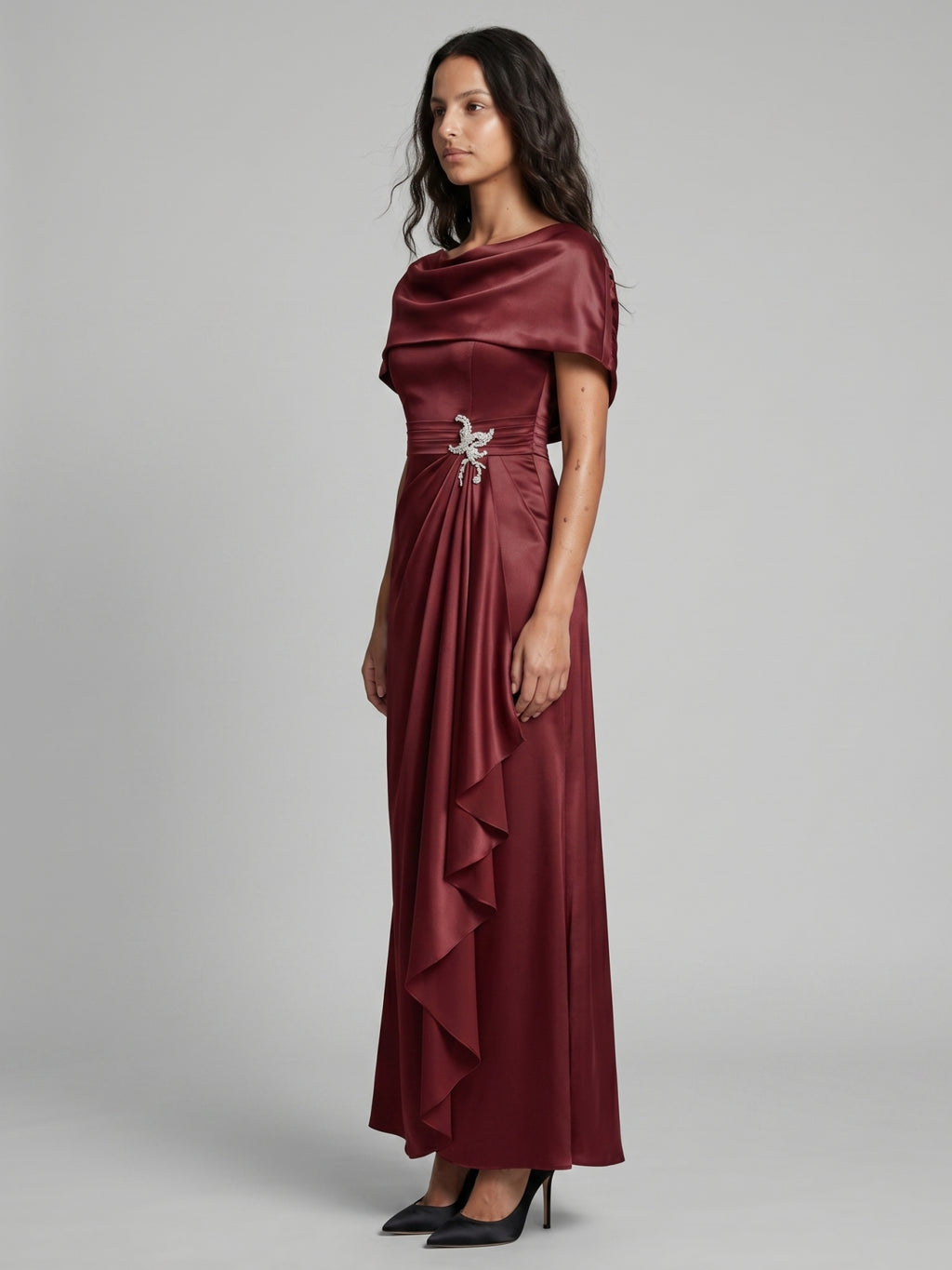 Cabernet Satin A-Line Scoop Neck Back Zip Floor-Length Bridesmaid Dress with Pleats