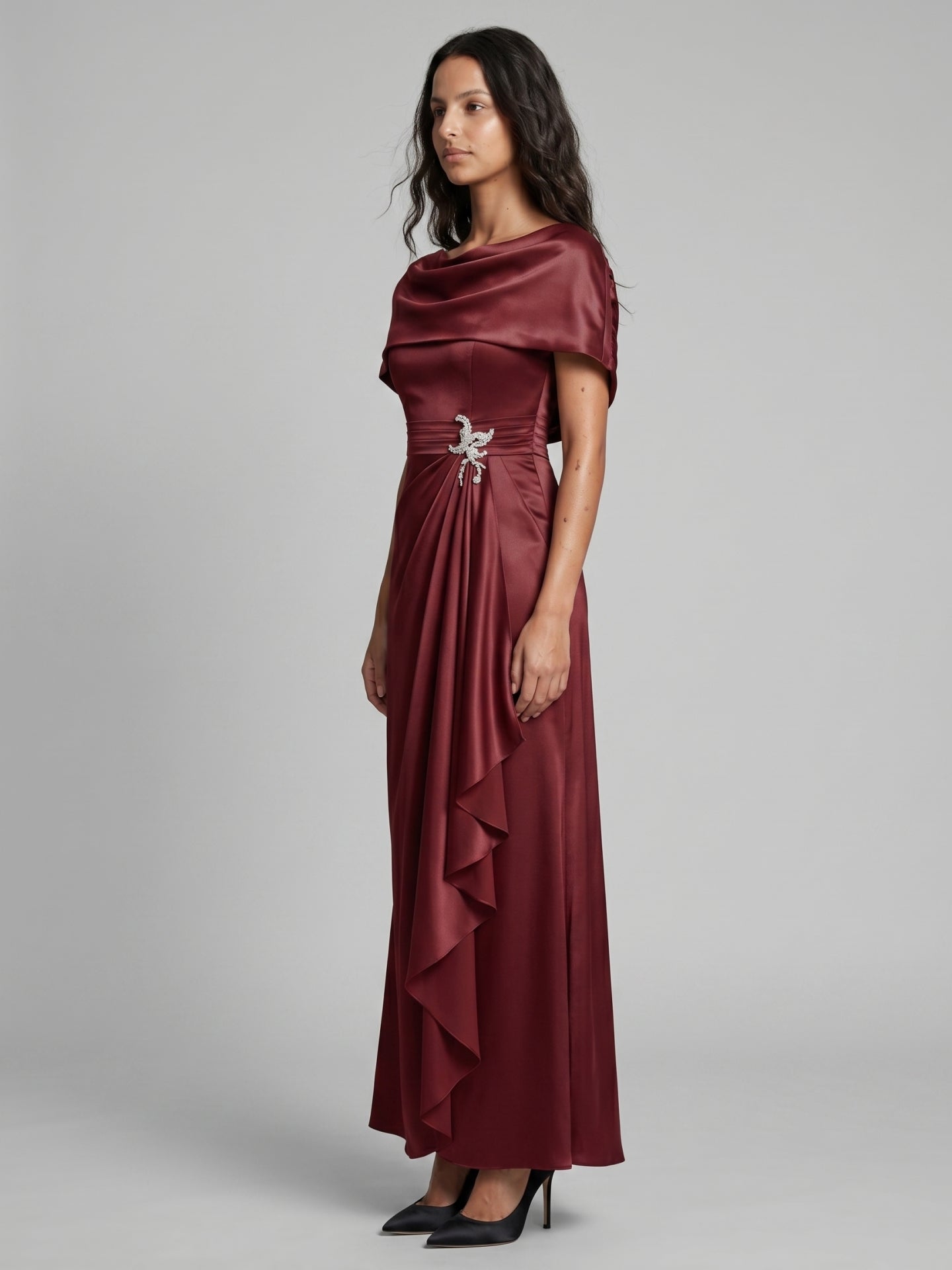 Cabernet Satin A-Line Scoop Neck Back Zip Floor-Length Bridesmaid Dress with Pleats